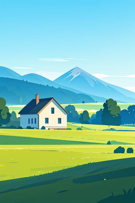 Minimalism,shadow flat vector art,masterpiece,best quality,art by Rami Niemi,outdoors, no humans, grass, scenery, mountain, day, tree, sky, house, blue sky