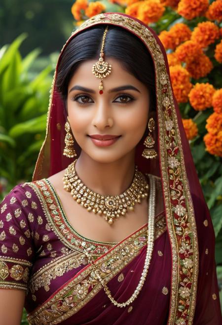 A young Indian woman, cinematic dark-radiant and beautiful, adorned in traditional attire. Her eyes sparkle with life, and a gentle smile graces her lips. Her clothing is richly colored and intricately detailed, perhaps a vibrant silk sari or a beautifully embroidered lehenga. Her hair is styled elegantly, possibly adorned with flowers or jewelry. The background could be a lush garden, a bustling marketplace, or a serene landscape, reflecting the vibrancy and diversity of Indian culture. The lighting should be soft and natural, enhancing her beauty and the details of her attire. Style: photorealistic, warm and inviting, serene ethereal background, blended perfectly in super high details of bold colors and astonishing scenery