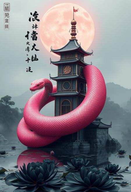 A pink shiny snake coiled around an ancient mystical tower, superstructure, hkmagic, surrounded by traditional black Chinese calligraphy in the air and black lotus on the lake, aidmayearofthesnake