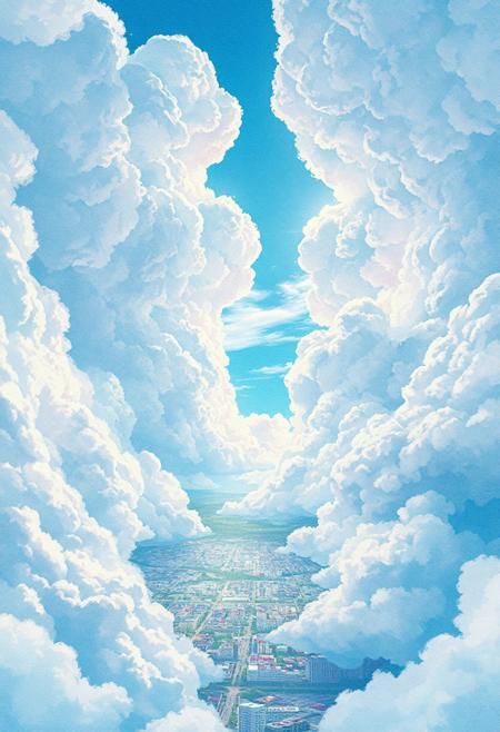 Vast anime-style sky with a massive textured cloud cover stretching across the entire scene, intricate structural cloud formations with detailed bumps and organic folds, scattered open gaps revealing patches of bright blue sky, cinematic view over a peaceful cityscape below, soft sunlight streaming through cloud breaks, pastel color palette (baby blue, soft white, light pink), highly detailed Ghibli-inspired artwork, hyper-realistic watercolor texture, dreamy and emotional atmosphere, 4K ultra-high resolution
