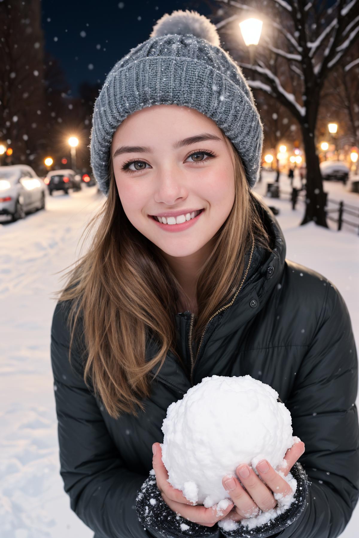 A woman wearing a gray hat and coat holds a snowball in front of her.