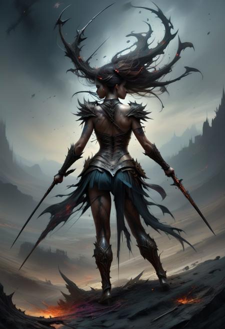 (masterpiece,best quality,high quality, extremely detailed, absurd detail,  highres:1.5), colorful, (action shot:1.3), drkms, a gorgeous female warrior with a two handed spear fighting a (dark demon), view from behind, desolate landscape with fallen soldiers.