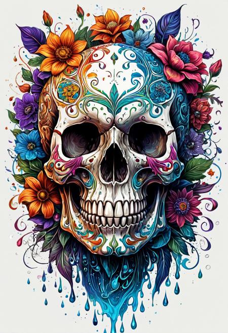 Finely detailed vector illustration, skull and flowers, ultra realistic quality, circle symbol, white background, hyperdetailed, intricately detailed,  triadic colors,fantastical,intricate detail,splash screen,complementary colors, fantasy concept art, 8k resolution, masterpiece, color swirls in water, gradient colors