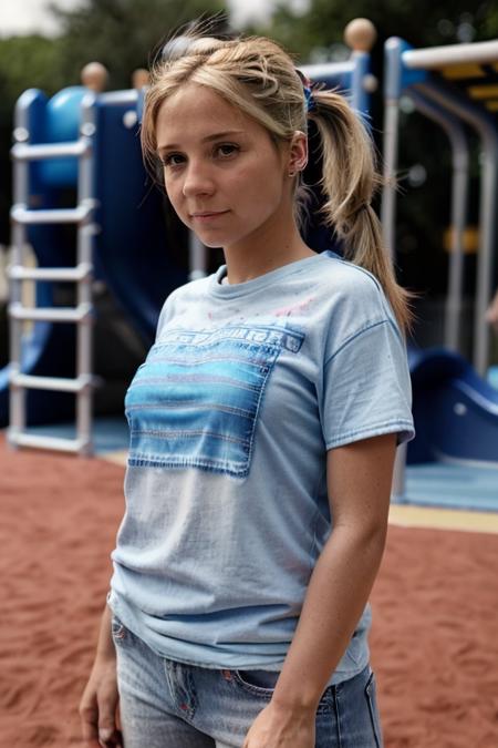 jeans, powder blue tshirt in a playground,  <lora:Sarah_Jane_Honeywell:1> masterpiece,best quality, detailed face, 1girl, solo, sj1873h, blonde_hair, pony tail