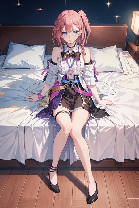 1girl, asta \(honkai: star rail\), detached sleeves, high heels, high-waist skirt, sleeveless shirt, id card, overskirt, anklet, thigh strap, bracelet, hairpin, belt, bowtie, choker, from above, on bed, hotel room, blush, yokozuwari, looking at viewer, light smile, (extremely detailed CG unity 8k wallpaper,masterpiece, best quality, ultra-detailed, beautiful detailed eyes:1.2)