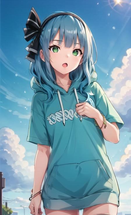 extremely detailed CG unity 8k wallpaper, realistic, hand by Guido Daniele
1girl, green eyes, konpaku youmu, open mouth, solo, hood, hoodie, outdoors, sky, day, hairband, sparkle, black hairband, cloud, blue sky, contemporary, short sleeves, green hoodie, ribbon, alternate costume, hair ribbon, bangs, long hair, skirt, black ribbon, clenched hands, blue hair, drawstring, bracelet, :o