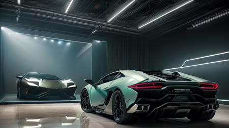 ((masterpiece:1.5)), {best quality}, many sci-fi Lamborghini concept cars lined up in a reflective mirror showroom in the style of Blade Runner, ((bladerunner2049)), ((many Lamborghini cars in reflective showroom)), ((three-quarter view)), ((Glass mirrors)), highres, 8k, good lighting, cinematic, movie, colored fog, saturation, sharp image, ((reflective floor)), lens flare, wallpaper, studio lighting, award winning photography, ((wide angle photo:1.4)), high definition, epic, insanely detailed, hyper-realistic, super detailed, realistic, ((volumetric lighting:1.4)), <lora:Blade_Runner_Style:.2>