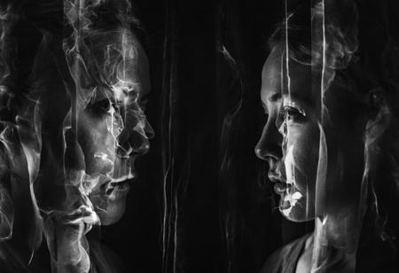 double exposure portrait photoshoot of a person in a studio with multiple exposures of movements recorded in black and white, fine art photography. captured with slow shutter speed, dark, moody, atmospheric ambiance. multiple exposures of random thoughts,