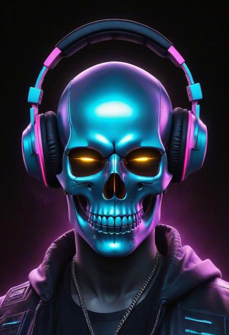 A cybernetic marvel unfolds: A skull adorned with headphones emerges in front of a dark background, creating a ghostpunk aesthetic in this epic digital art piece. This professional and captivating portrait captures the essence of a DJ in the cyber realm, radiating a synthwave vibe. The combination of a death skull and fantasy elements results in a beautiful digital artwork that stands out as the best on ArtStation. This smooth and detailed creation, portraying a night-time raid, exemplifies great digital artistry. With its blend of scary yet colorful elements, this trending digital art piece epitomizes the portrait of a cyber skeleton in a mesmerizing and haunting manner.