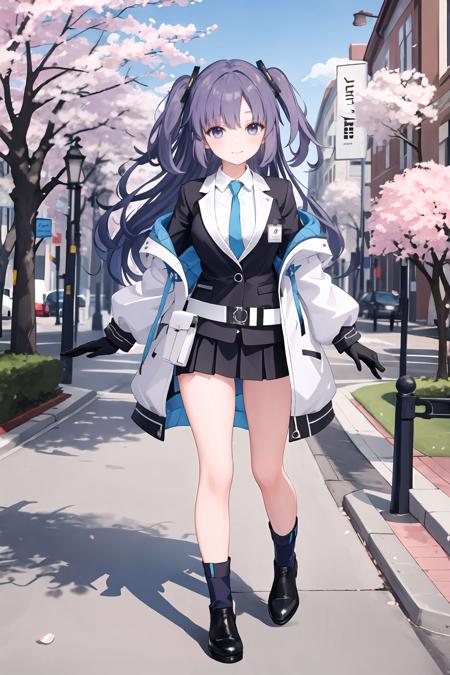 yuuka \(blue archive\)  two side up, blue necktie, two-sided coat, half gloves, pleated skirt, white shirt, belt pouch, black boots, suit jacket, id card ponytail, sticker on face, track jacket, blue buruma, solo, t-shirt, id card, lanyard, sneakers, open clothes