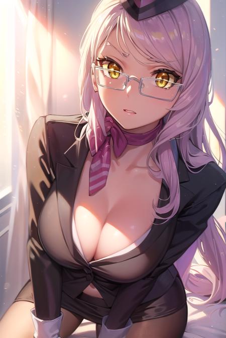 koyanskayaofdarkness, <lyco:koyanskayaofdarkness-lyco-nochekaiser:1>,
koyanskaya of darkness, long hair, pink hair, swept bangs, (yellow eyes:1.5),
BREAK brown pantyhose, choker, cleavage, collarbone, eyewear strap, flight attendant, garrison cap, glasses, gloves, grey-framed eyewear, hat, jacket, long sleeves, miniskirt, navel, neck ribbon, pantyhose, pencil skirt, ribbon, ribbon choker, skirt, travel attendant, white gloves, white jacket, white skirt,
BREAK looking at viewer,
BREAK indoors,
BREAK <lyco:GoodHands-beta2:1>, (masterpiece:1.2), best quality, high resolution, unity 8k wallpaper, (illustration:0.8), (beautiful detailed eyes:1.6), extremely detailed face, perfect lighting, extremely detailed CG, (perfect hands, perfect anatomy),