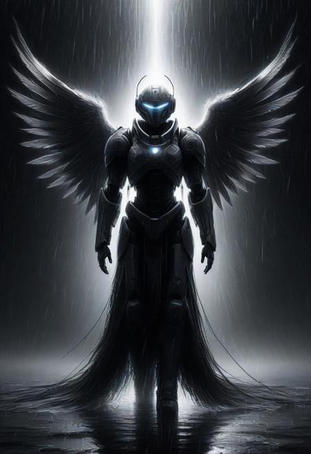 ScribbleRay, Cursed mech priest, unholy, mechanical halo, angel wings, solo, mecha wings, glowing, halo, robot, mecha, glowing eyes, robe, flying mid-air, raining, wet, sad, dark shot, lonely, tear, trembling, floating, cyborg, mask, half closed eyes, monochrome, greyscale, black and white, floating hair, eyelashes, dripping, silhouette, limited palette, dark aesthetic, in pain, looking up, rain, dark theme, gloomy, science fiction, humanoid robot, scifi, tech, futuristic, futurism, postapocalyptic, charcoal drawing, detailed, high contrast, intricate shading.
concept-art, fantasy, epic, majestic, magical, dreamy, perspective, light and shadow, moody, epic, 
beautiful, painterly, aesthetic, textural, intricate details, highly detailed, ultra-detailed, absurdres, 
aid291,