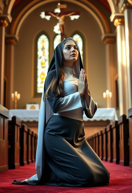 Photo of a  supermodel nun praying in a church, kneeling, long flowing hair, habit, big breasts, curvy hips, tiny waist, slender, round ass, bright light, crucifix, altar, parted lips, hands together, praying pose