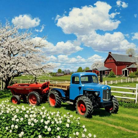 Antique farm and antique house, cows in a fenced field, large vegetable garden, antique 1950 McCormick tractor, 1951 Ford truck, apple and cherry blossoms in the background, blue sky with cumulus clouds