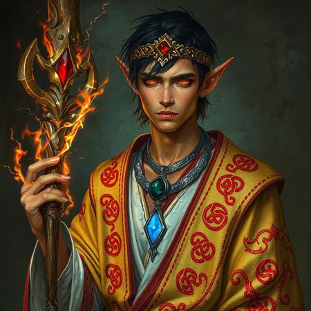 A handsome elf of twenty years, with reddish-orange skin and black hair, his hands ending in claws.  His eyes are a vivid, glowing red, almost as if a dim fire were caught behind them.
He wears a rich white under-robe with arcane runes etched into it in dark green thread, covered by an outer robe woven of golden cloth, covered with flowing Celtic knots embroidered in bright crimson thread on it.    In one hand he holds a polished wooden staff crackling with electricity.  In the other hand he holds a flame.  On his head is a golden circlet formed in intricate patterns, with a red gem in front.  Around his neck is a silver necklace tight enough to be a collar, with a glowing blue gem in front.