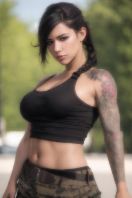 <lora:mara_(call_of_duty):0.8>, mara (call of duty), masterpiece, best quality, 1girl, solo, tattoo, realistic, black hair, braid, long hair, tank top, looking at viewer, arm tattoo, single braid, blurry, blurry background, hair over shoulder, breasts, brown eyes, lips, pants, messy hair, outdoors, perfect lighting, perfect shadows, depth of field, 4k, extremely detailed