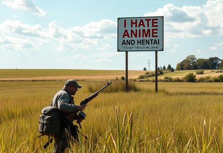 In the heart of an open field, a striking sign stands defiantly against the horizon: "I HATE ANIME AND HENTAI," boldly contrasted by the provocative statement below, "IT'S NOT THE FUTURE, OR AI." The message is jarring, yet intriguing, stirring curiosity in passersby. Nearby, a human hunter, clad in rugged gear, deftly maneuvers through the tall grass, clutching a hunting rifle. His target? An elusive figure representing anime, a surreal juxtaposition of reality and fantasy. The scene is crafted with meticulous detail, a high-resolution masterpiece that captures the tension between traditional values and modern culture, inviting viewers to ponder the complexities of art and society in a hyperrealistic, UHD landscape.