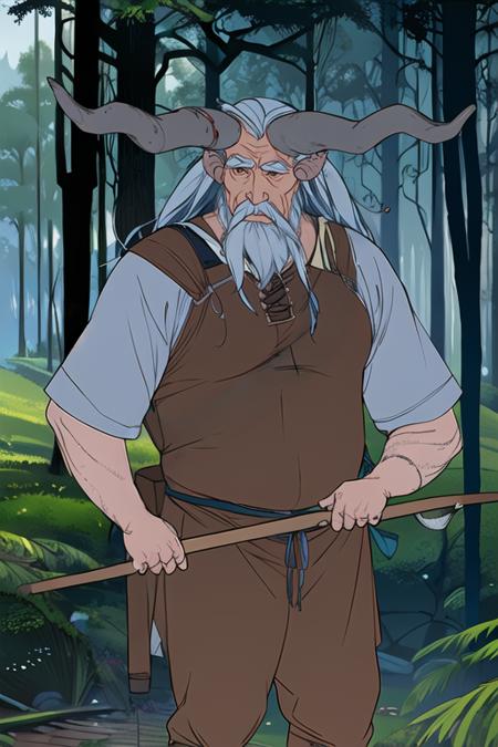 1boy, horns, shout, old man, dressed in hunter gear, holding bow, quiver, arrows, forest, trees, best quality, <lora:bannersaga:0.8>