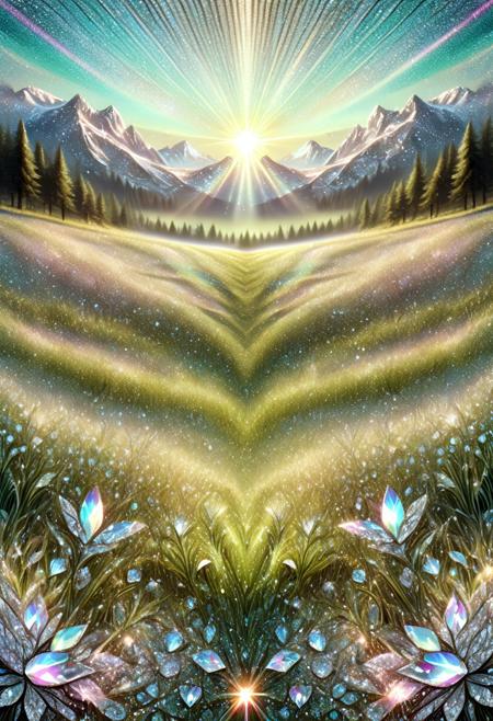 aesthetic, masterpiece, absurdres, realistic, (raw photo:1.3), intricate detail, high detail, symmetrical, scenery, meadow, sunlight, glitter, iridescent, diamondMW, no human,