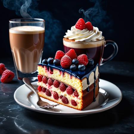 Ultra realistic full body color pencil drawn still life portrait of a delicious piece of raspberry cake served along with a cappuccino.
BREAK
Deep dark intense midnight blue hazy background,
Dark theme, dynamic lighting, (soft shadows), (soft focus),  (photo realistic), uhd, 8k