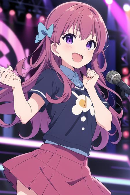 masterpiece, best quality,1girl,solo,karasuma chitose,pink hair,long hair,purple eyes,blue hair bow,blue shirt,red skirt,<lora:karasumachitose:0.6>,stage, stage lights, microphone, 