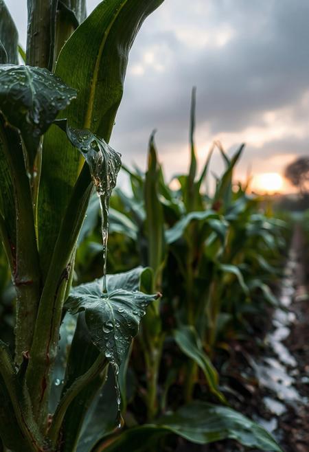 a bunch of milpa plants, with water droplets on them, milpa dripping, a Gaint milpa planting system, corn, bushes of squash, beans, wearing a milpa, milpa dripping juice, milpa, milpa wall, “milpa, rainy background, raindrops, wild milpa plants, beautiful art uhd 4 k, clear liquid and snow, nature wallpaper, gems and diamond for milpa plants, rain drops, 32k, rain drops, sun shining behind the glowing clouds,