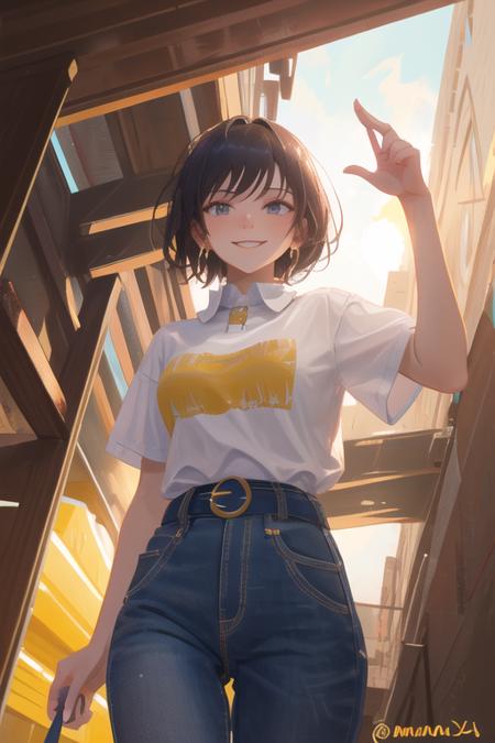 best quality, masterpiece, 1girl, light smile, shirt with collars, waist up, dramatic lighting, from below