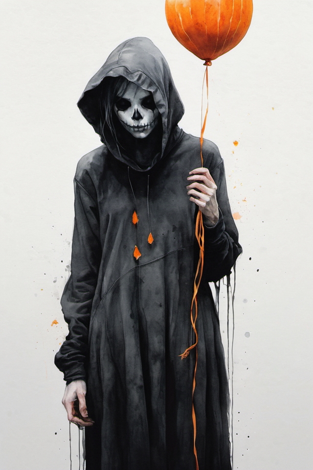 art by Agnes Cecile, dark aesthetic, A dark humanoid figure, holding a orange pumpkin halloween balloon, stunning fantasy illustration, dark details, attention to detail, fantasy, atmospheric