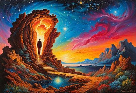 [watercolor painting : oil painting : 0.5], sensual passion explodes in a climatic explosion, at night under a gorgeous starry sky, vibrant colors , surrealism, grandiose, masterpiece, sharp focus, very beautiful, amazing, whimsical landscape, art by (Salvador Dali, vladimir fedotko, josephine wall), bright colors, high contrast, ethereal , camouflage, hidden man, riddle game