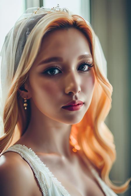 <lora:Mina_BRA:1>, (a picture of Mina, wedding, wedding dress, blond hair), (detailed lighting, extremely detailed skin, extremely detailed hair, shadows, 8k), looking at viewer, (High Key Lighting), masterpiece, top quality, best quality, official art, unity 8k wallpaper, highres, ultra-high res, ultra-detailed, beautiful and aesthetic