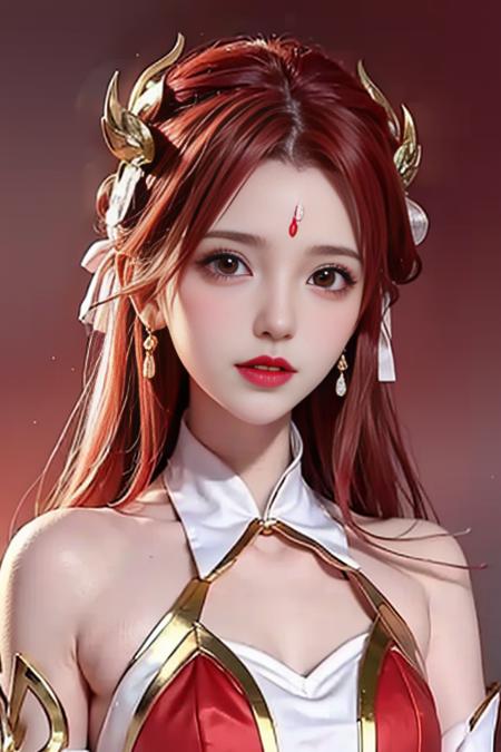 Girl, young and beautiful, tall and beautiful, fair face, perfect features, tall and beautiful, fair skin, good figure, heroic and valiant, heroic and valiant, wearing ancient Chinese armor, female general, Chinese landscape background, standing on the top of the mountain, 500 years ago, starry night, realistic, detailed, 8k, <lora:chilloutmixss_xss10:0.3> mix4,   <lora:lasta-000018:0.5>red_dress,starry sky, fire, red hair, solo, hair ornament, long hair, red eyes, jewelry, earrings, dress, bare shoulders, red lips, upper body, white background, facial mark, crescent, lipstick, forehead mark, looking at viewer