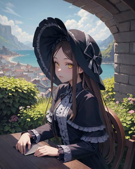 best quality, (masterpiece:1.2), illustration, absurdres,
(1girl, solo), (beautiful detailed girl),
<lora:Beryl-07:0.7>, Beryl, yellow_eyes,small breasts, long hair, black hair,
 frills, long black dress, long gothic dress, black boots, hat, headwear, 
 creepy, scary, weird, yandere,
garden, distant sea, distant ocean, mediterranean buildings, white buildings, castle on top of hill,
sitting, spread legs,,
(upper body, portrait),,
looking at viewer