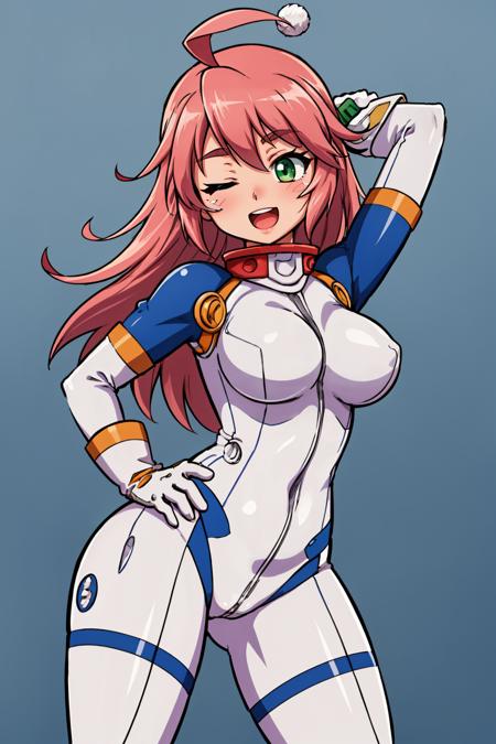 kemekomm, ahoge white bodysuit, white gloves, large breasts