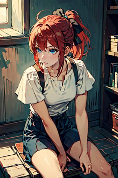 masterpiece, high quality, <lora:Lynn[V2_Hard]:0.7> Lynn, 1girl, solo, hair bow, ponytail, red hair, blue eyes,