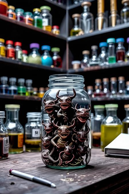 closeup photo monsters in a jar. Small but frightening and fierce creatures in the dark laboratory of a human mad scientist from 1955,  orderly but full shelves line the walls with inscrutable tools and jars and test tubes filled with odd colored fluids and small alien objects. Jar of monsters in the foreground and lab space in the background. 