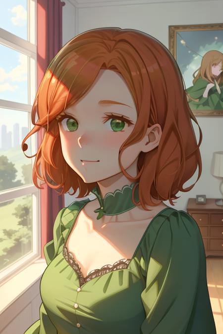 anime, 1girl, cute girl, close up, ginger hair, cute face, upper body, in her room, green dress, highest quality, 8k, masterpiece, uhd