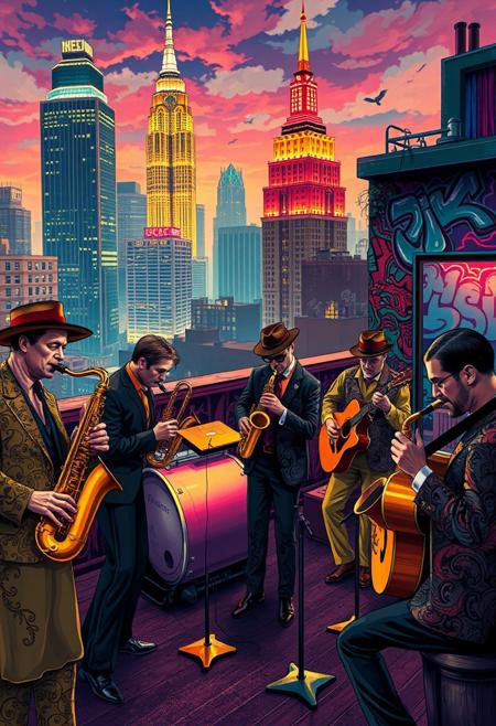 Retro Rooftop Jazz Club: A vibrant rooftop jazz club scene set in a photorealistic, neon-lit cityscape. Musicians play saxophones, trumpets, and guitars, with intricate Art Nouveau patterns on their clothing. The city's Art Deco skyscrapers form a stunning backdrop, with graffiti-style murals on the walls behind the band. Each instrument and player is rendered in a mix of realistic detail and bold, pop art strokes, capturing the lively ambiance and the joy of music in the heart of the city.