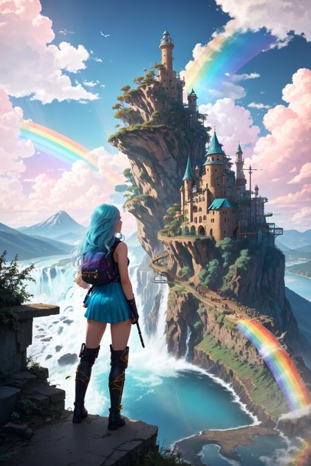 colorful, <lora:Fantasy-Magic-V1:1>, cityscape, city, cloud, scenery, skyscraper, building, cloudy sky, sky, long hair, from behind, outdoors, bird, ruins, 1girl, sunlight, tower, facing away, city lights, green hair, water, sunbeam, light rays, bridge, post-apocalypse, tree, backpack, very long hair, lens flare, knee boots, mountain, river, waterfall, white hair, solo, weapon, skyline, rainbow, neon trim