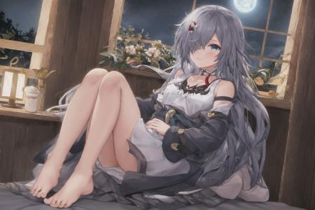 masterpiece,best quality,Azure_Empyrea,solo,1girl,<lora:Fu Hua_Azure Empyrea_v6:0.75>,bed,window, night, moonlight,hair over one eye,barefoot,