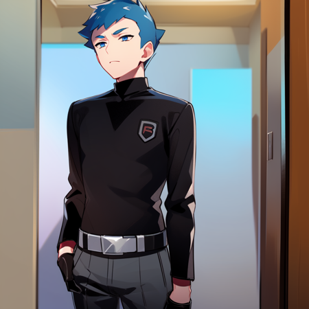 ,1boy, blue hair, very short hair, blue eyes, long sleeves, black shirt, white jacket, white pants, 