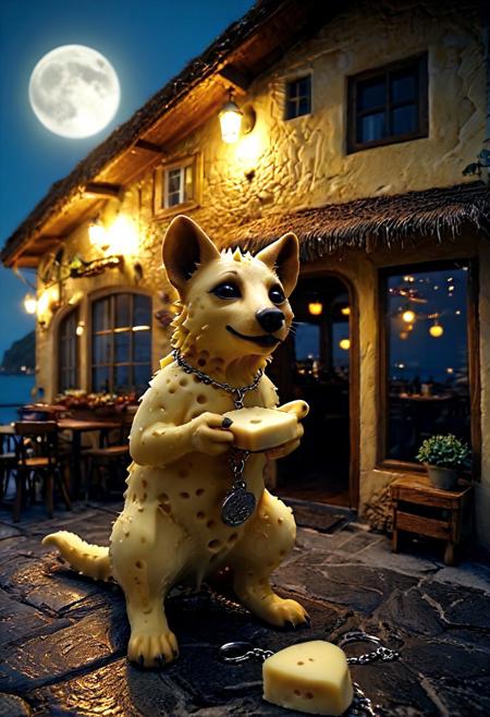 Charming seaside cafe at midnight under a full moon, enchanting atmosphere, 3D render, cream and brown hyena made of cheese carrying a cellphone adorned with an abundance of charms and keychains, beautifully lit, detailed textures, whimsical, inviting ambiance. 
volumetric, dramatic lighting, best quality,  masterpiece, fantasy, beautiful, painterly, detailed, textural, artistic, aesthetic, intricate details, highly detailed, ultra-detailed, absurdres, unreal engine, octane rendering, high saturation, high contrast, vivid, vibrant, volumetric lighting, sharp focus, 
aid291, midjourneyv6.1, 
Cheese style