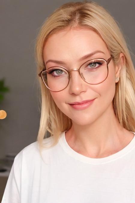 Portrait photo of lu1z4p0ss1 woman, (light bokeh)++, (white tshirt)+, detailed face, in a bedroom, glasses, makeup, slight smile