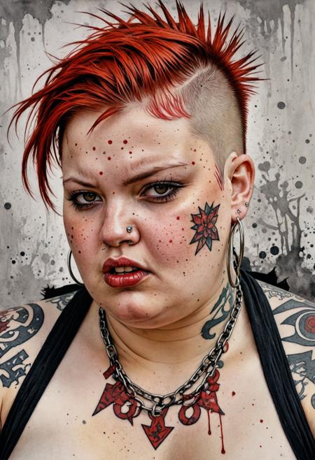 young punk obese woman with red mow hawk and piercings and tattoos, evocative, dynamic, distorted, chaos, desolation, grit, urban, Angst, Brian M. Viveros,
watercolor, intricate details, highly detailed
