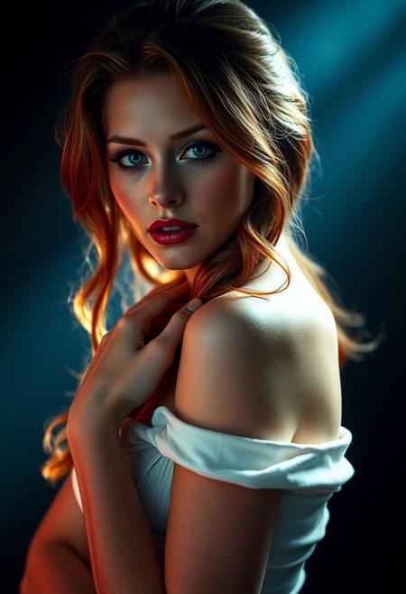 A cinematic portrait of a captivating 25-year-old woman, her fair skin adorned with freckles, illuminated by dramatic, chiaroscuro lighting that accentuates her features. Her piercing blue eyes, framed by a cascade of long, flowing fiery red hair styled in loose, passionate waves, exude a sense of commanding allure. A soft, ethereal light illuminates her delicate features, enhancing the natural beauty of her expertly applied makeup: a smoky eye with a blend of deep burgundy and charcoal shades, precisely applied eyeliner to accentuate her almond-shaped eyes, a contour that subtly defines her cheekbones, and a matte red lipstick that complements her skin tone. She strikes a confident pose, her body language exuding both sensuality and assertiveness. Her head is tilted slightly back, her eyes closed in a moment of passionate surrender. Her simple yet alluring outfit, a white, off-the-shoulder crop top that draws attention to her graceful collarbones, paired with high-waisted, light-wash jeans that accentuate her figure, adds to her powerful and confident demeanor. The photographer has masterfully captured a moment of timeless elegance, her gaze direct and unwavering. The image evokes a feeling of empowered femininity.