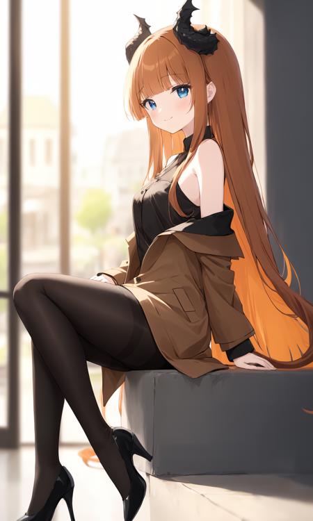 (masterpiece),(highest quality),highres,(an extremely delicate and beautiful),(extremely detailed),
1girl, dragon horns, dragon wings, dragon tail, dragon girl, pantyhose, solo, long hair, sitting, smile, looking at viewer, tail, black legwear, high heels, blue eyes, crossed legs, blush, bangs, off shoulder, black footwear, long sleeves, brown hair, bare shoulders, blurry, black shirt, shirt, closed mouth, brown shirt, wings, outdoors, blurry background, orange hair, blunt bangs, sleeveless, brown dress, jacket, from side, brown coat, brown jacket, window, sleeveless shirt, dress, very long hair, depth of field, shoes, disposable cup, coffee cup, coat, feet out of frame,
depth of field, blurry foreground, blurry background,