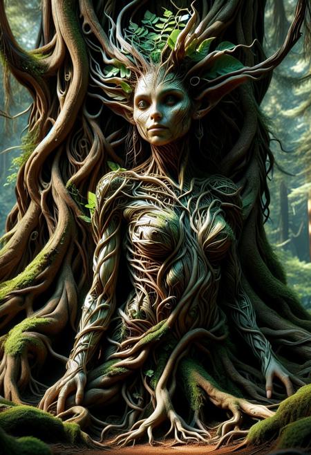 create an image with this prompt.   Create a hyper-realistic scene of a stunningly beautiful female dryad living in a redwood tree,  in 8K resolution with intricate, lifelike textures and fine details. The composition is rendered with photorealistic quality, using advanced lighting, shadows, and reflections to emphasize realism. Every element, from the subject to the background, is crafted with meticulous attention to detail, capturing natural depth, accurate proportions, and true-to-life materials. The atmosphere is immersive and visually arresting, highlighting realistic textures, subtle nuances, and dynamic elements like natural light or motion. The overall effect should feel stunningly lifelike, evoking realism in every aspect.Unreal Engine, photorealistic, hyperrealistic, and visually arresting. Rendered in 8K, hyperrealistic, with fine intricate details.