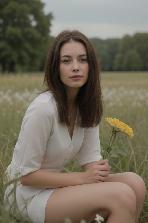 Brunette girl sitting in a field smelling a flower
