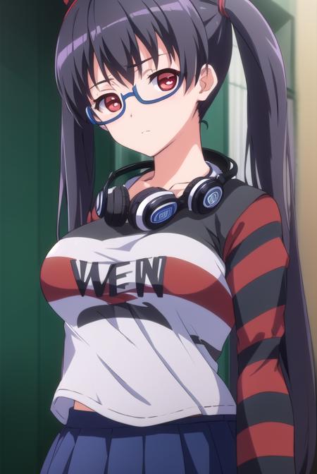 iorikousaka, <lyco:iorikousaka-lyco-nochekaiser:1>, 
iori kousaka, black hair, twintails, glasses, (red eyes:1.5),
BREAK skirt, thighhighs, pantyhose, (striped sleeves:1.5), shirt, headphones, t-shirt, clothes writing, semi-rimless eyewear, headphones around neck, raglan sleeves,
BREAK looking at viewer,
BREAK indoors,
BREAK <lora:GoodHands-vanilla:1>, (masterpiece:1.2), best quality, high resolution, unity 8k wallpaper, (illustration:0.8), (beautiful detailed eyes:1.6), extremely detailed face, perfect lighting, extremely detailed CG, (perfect hands, perfect anatomy),