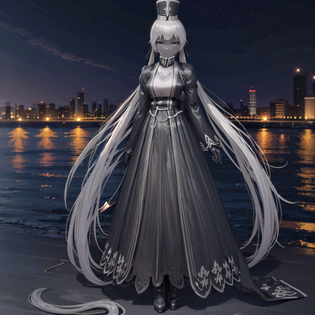 Charon there is a woman with long gray hair, solo, 1girl, very long hair, long hair, absurdly long hair, full body, twintails, monochrome, bangs, long sleeves, dark skin, hat, outdoors, city background, 1girl, Charon,