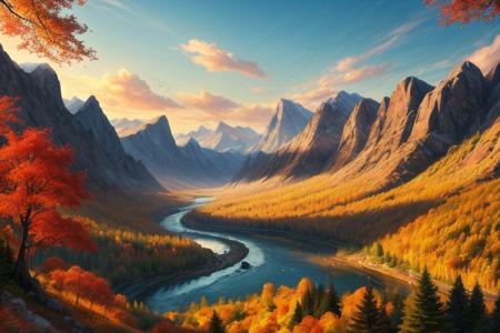 <Views of nature>, Dream Scenery, detailxl, valley, mountains, rocks, spring, falling leaves, wind, forest, golden